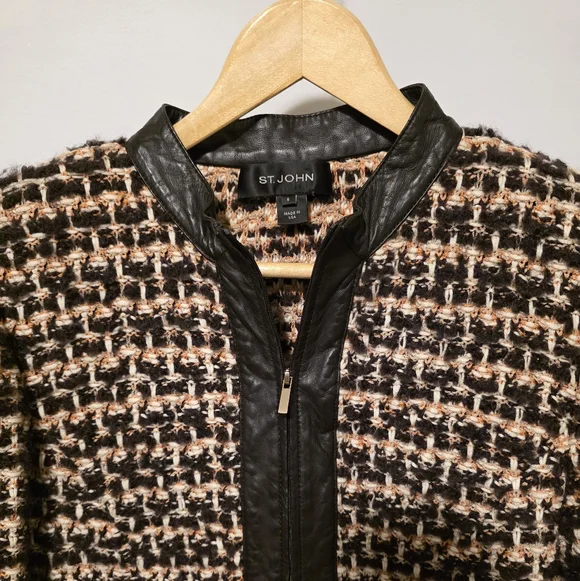 Vintage St.John Tweed Knit Brown Cardigan Jacket Leather Trim Size Women US 6 - Picture 2 of 6